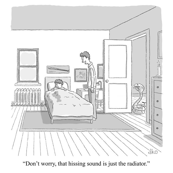 Parent reassuring child about a hissing radiator, with a snake humorously visible, highlighting modern absurdities through comics.