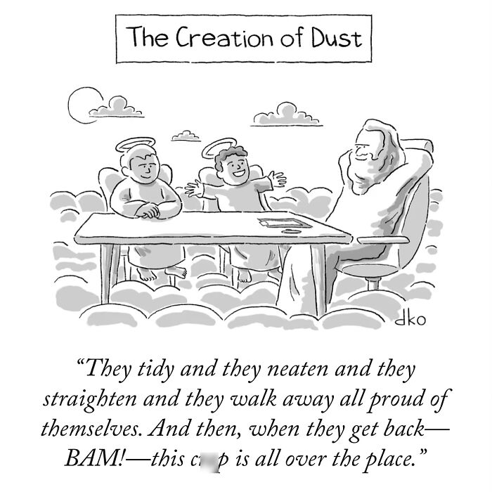 Comic illustrating absurdities of modern world; two angels and a figure discussing dust creation in a humorous setting.