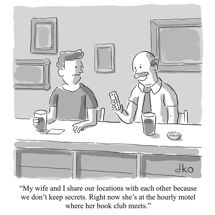 Comic humorously depicting the absurdities of the modern world with two men discussing location sharing in a bar setting.