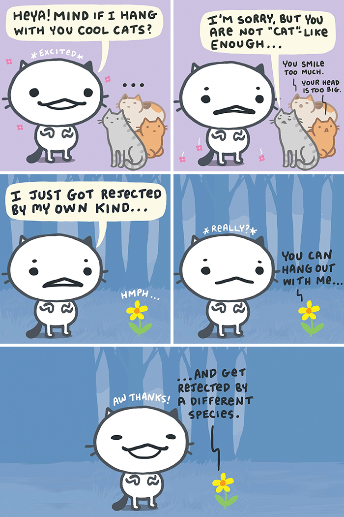 Adorable cat character seeks acceptance from other cats, humorously explores rejection themes in this colorful comic strip.