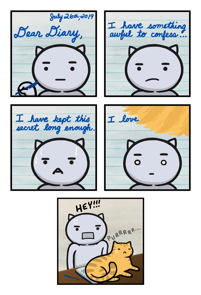 Cartoon cat writing a diary about a secret, interrupted by an orange cat sitting on it, illustrating funny comic moments.