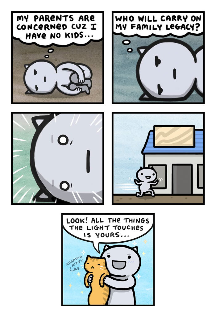 Comic of a character adopting a cat, humorously addressing family legacy concerns with a Kitty Moon perspective.