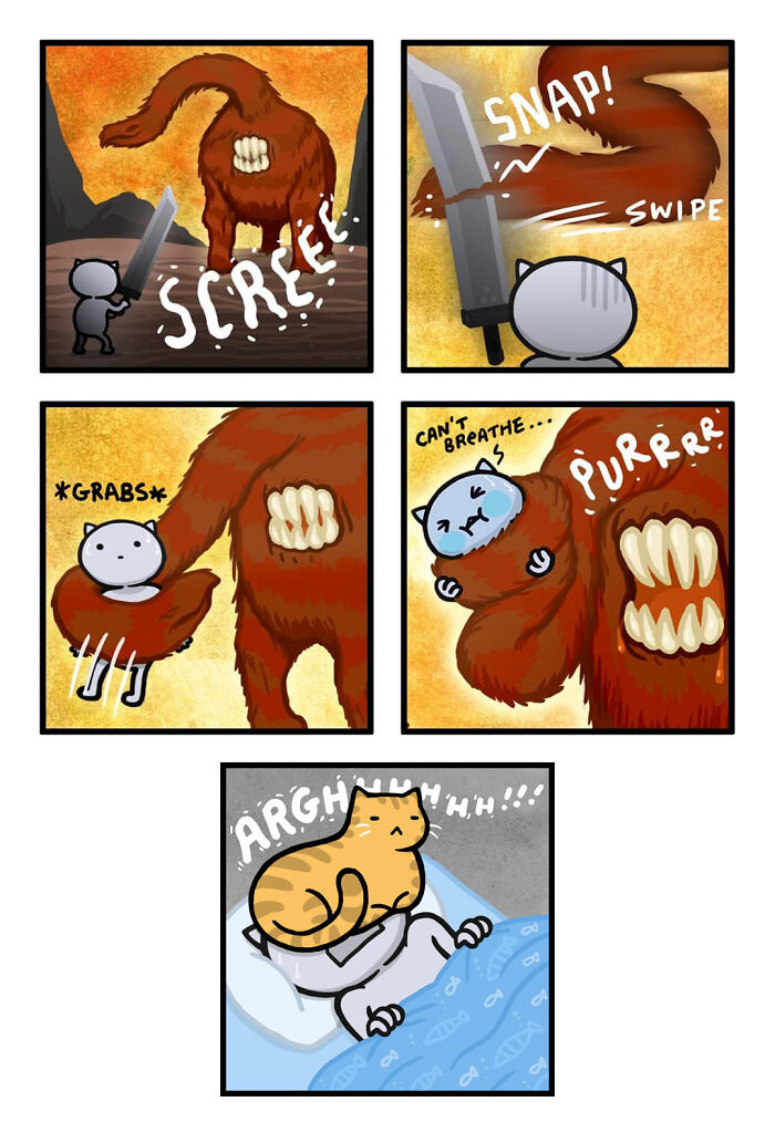 Comic of a kitty battling a monster, ending with the cat sleeping on its owner, creating a funny moment.