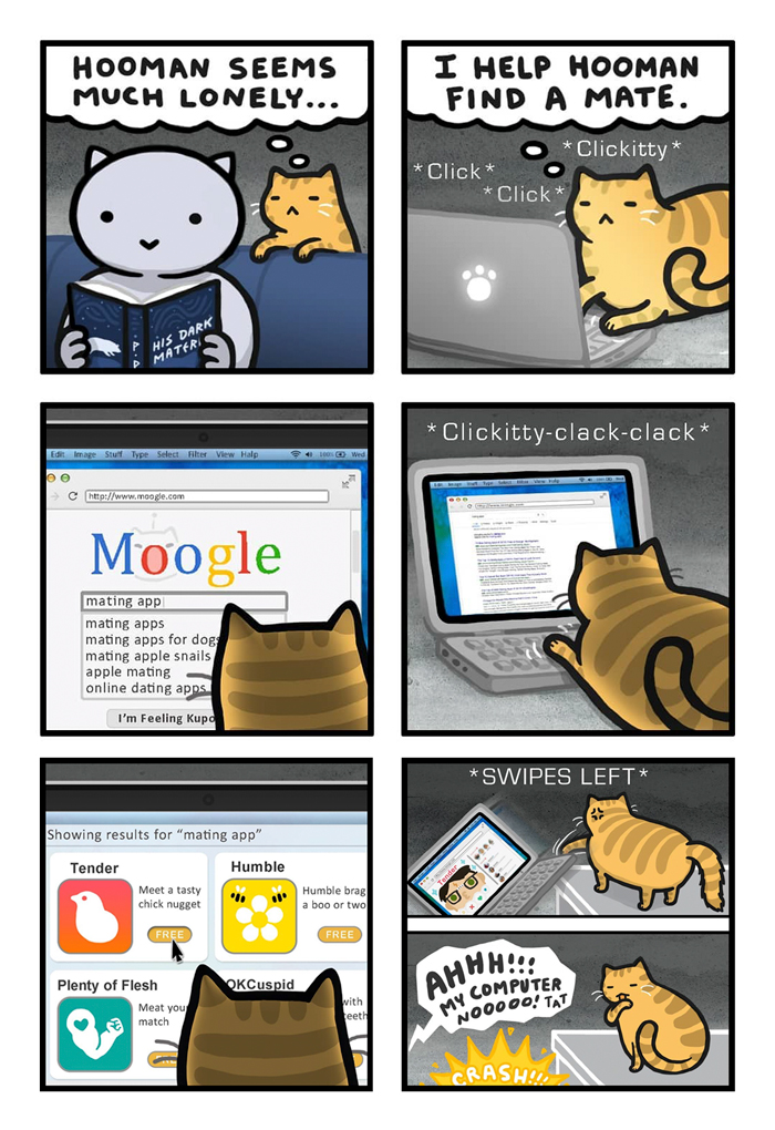 Cat humorously using laptop to find a mate for human in a comic.