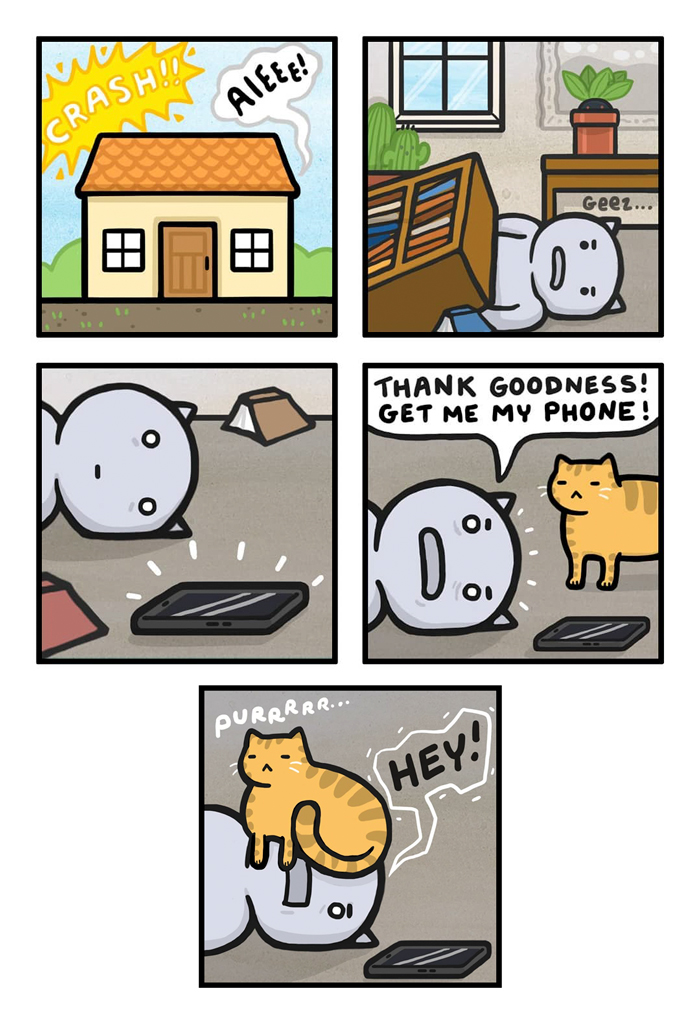 Comic strip featuring a cute cat humorously purring on a person asking for their phone.