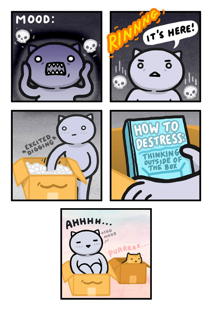 Comic of cat humorously finding relaxation in a box, illustrating stress relief.