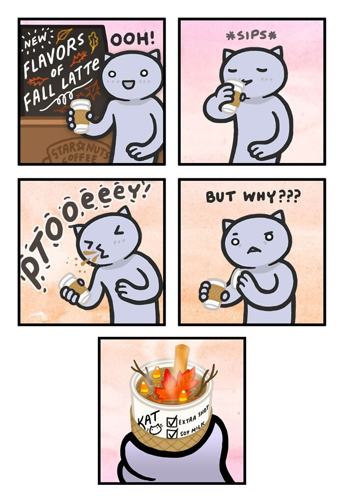 Cat sipping a fall-flavored latte in a comic strip, humorously reacting to the unexpected taste with surprise.