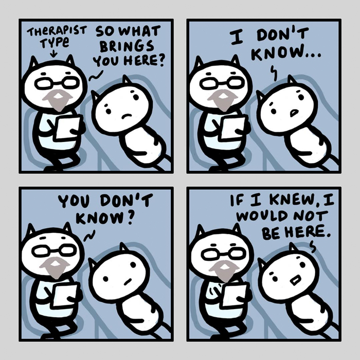 Comic strip featuring two cat characters; one is a therapist questioning the other with humorous dialogue.