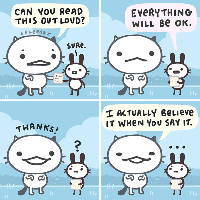 Cat and bunny sharing a heartfelt comic moment with comforting words in a cute illustration.