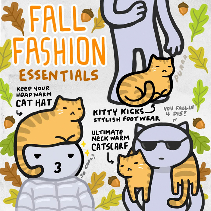 Cartoon depicting cats as fall fashion accessories, including cat hat, cat scarf, and kitty kicks, showcasing Kitty Moon comics.