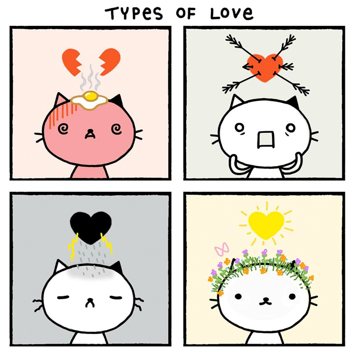 Comic showing different types of love with a cartoon cat expressing emotions.