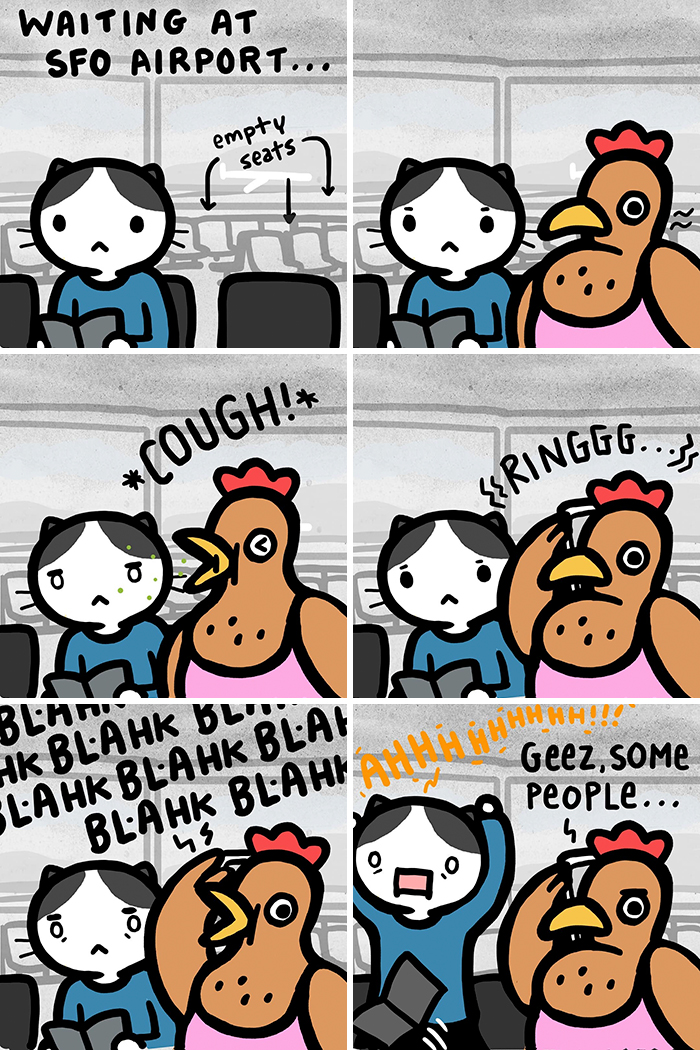 Character in airport comic by Kitty Moon with chicken, illustrating funny and adorable everyday moments.
