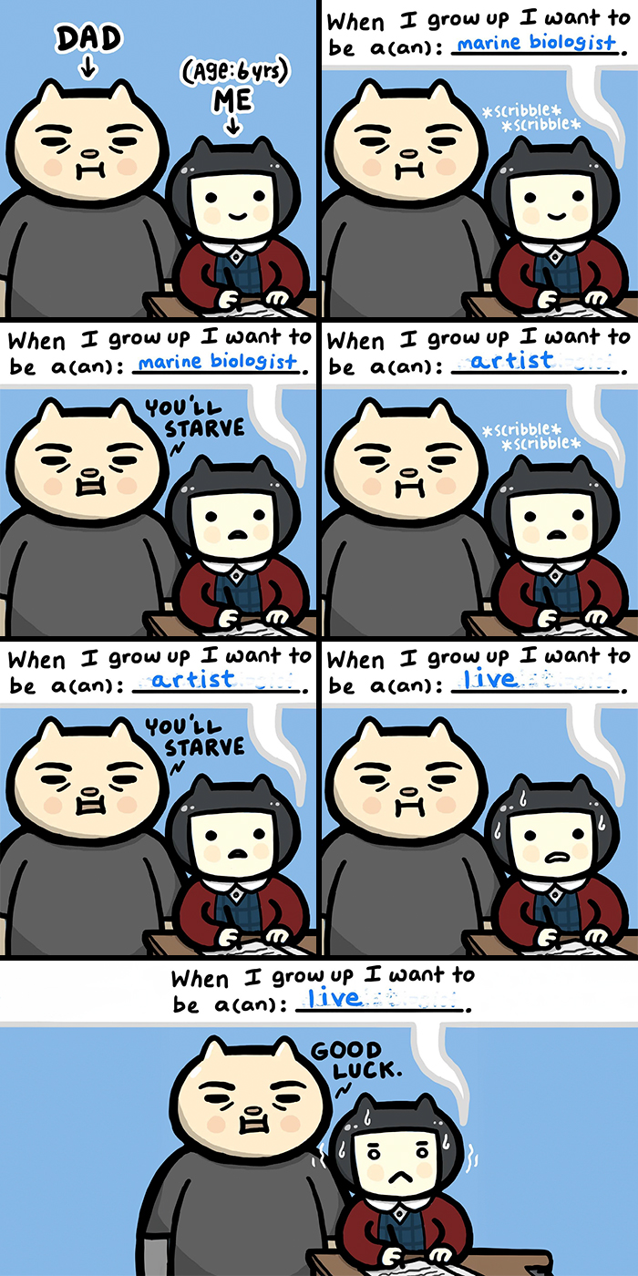 Cat characters in comic discussing future jobs with humorous twist.
