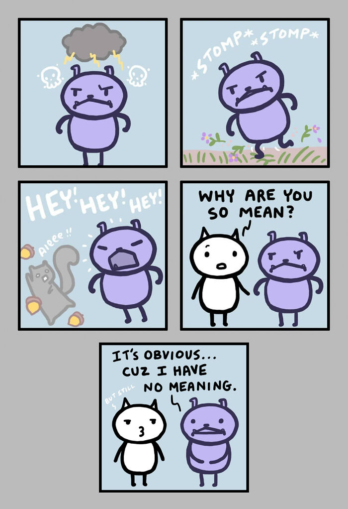 Comic featuring a grumpy purple character and a cat discussing life's meaning in a humorous way.