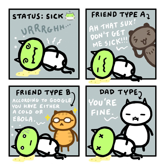 Kitty Moon comic showing different reactions to being sick, including friends and dad humorously responding.