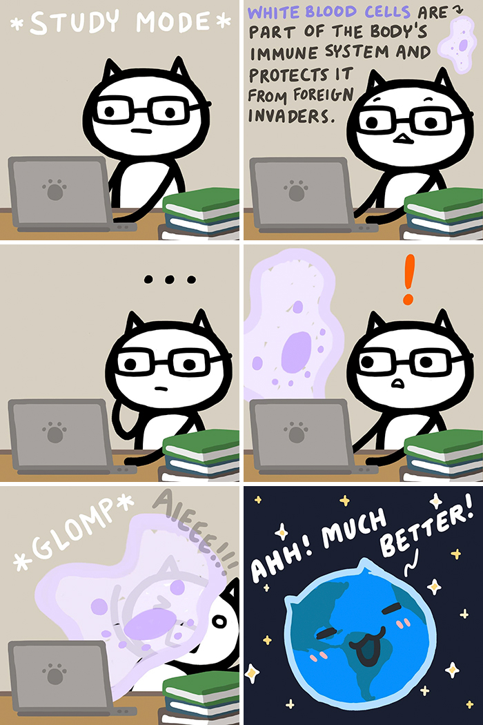 Comic featuring Kitty Moon studying with a cute twist involving white blood cells and a playful immune system illustration.