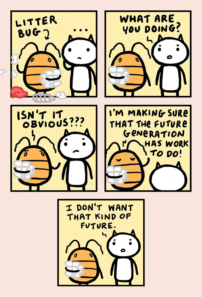 Comic strip with a cat and bee discussing littering and future work; funny and adorable everyday moment.