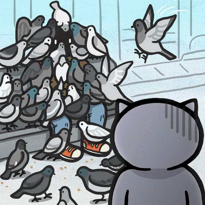 Cat observing a crowd of pigeons clustered around a person, depicted in a comic strip.