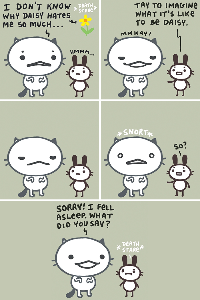 Cartoon characters in a funny comic by Kitty Moon, with the main character falling asleep mid-conversation.