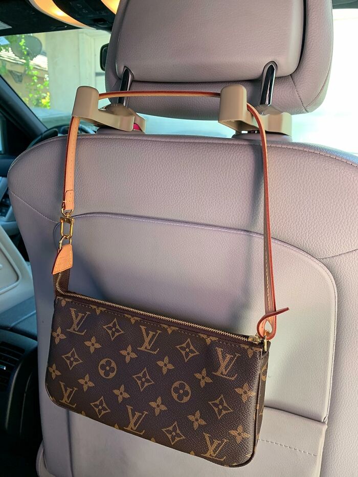 Car seat handbag hook showcasing useful things that also look nice.
