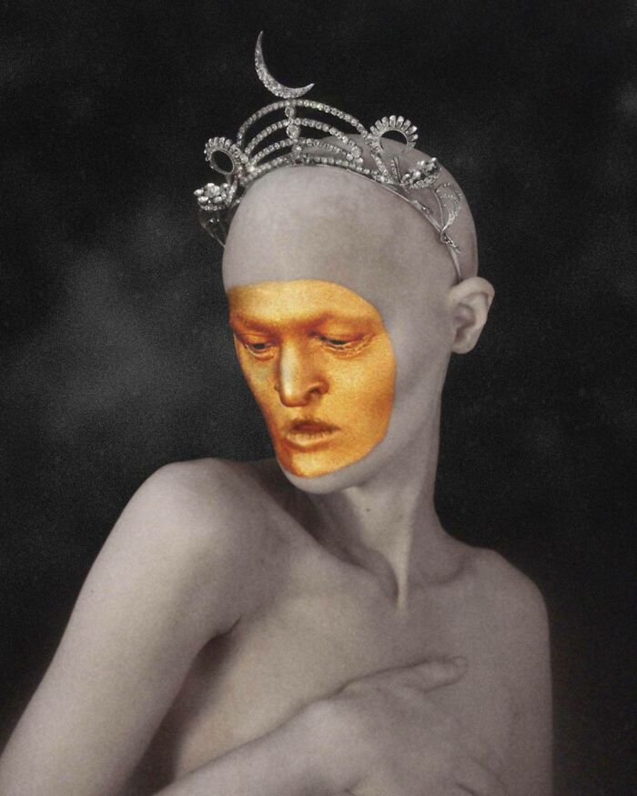 Unique model with a golden face, adorned with a crescent crown, in an artistic and ethereal pose.