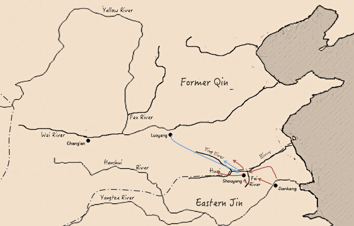 Map illustrating battle movements in surprising war victories between Former Qin and Eastern Jin regions.