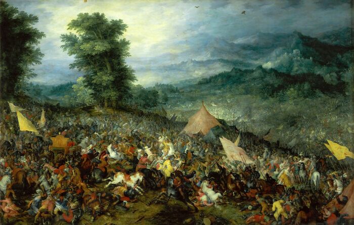 Historic battle scene depicting a chaotic clash of armies with tents and flags, symbolizing surprising war victories.