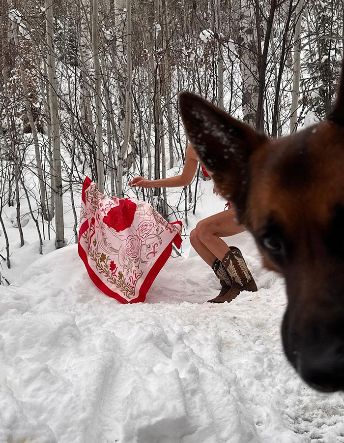 Dog photobombs a snowy photoshoot with a person in a red-hot bikini and patterned wrap, creating a fun moment.