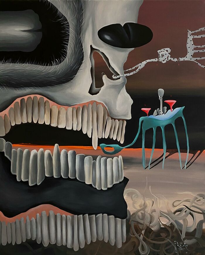 Surreal artwork by Rita Maikova Zaporozhets featuring abstract skeletal forms and dreamlike elements.