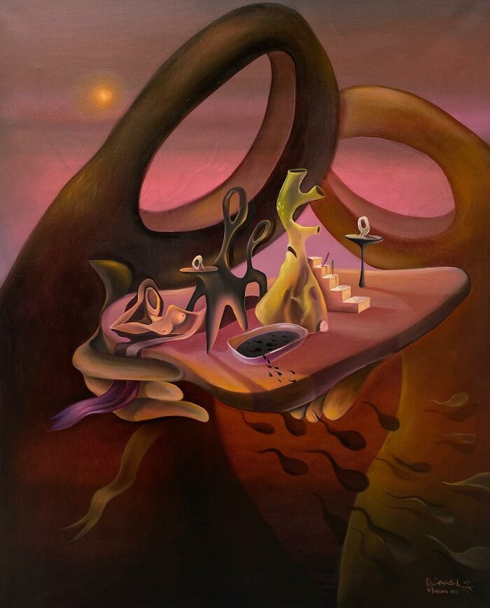 Surreal art by Rita Maikova Zaporozhets, featuring abstract figures and a dreamy landscape with warm hues.