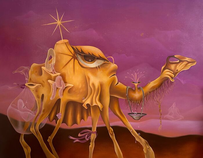 Surreal artwork by Rita Maikova Zaporozhets featuring imaginative creatures in a dreamlike purple and orange landscape.