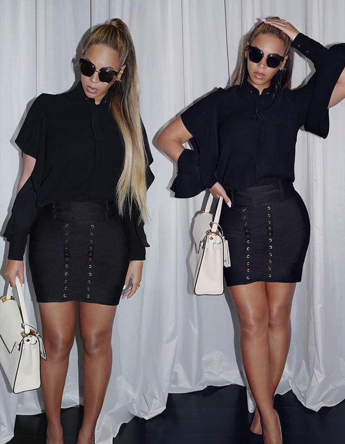 Celebrity in chic budget-friendly outfit with a black top, lace-up skirt, and white handbag, showcasing style.