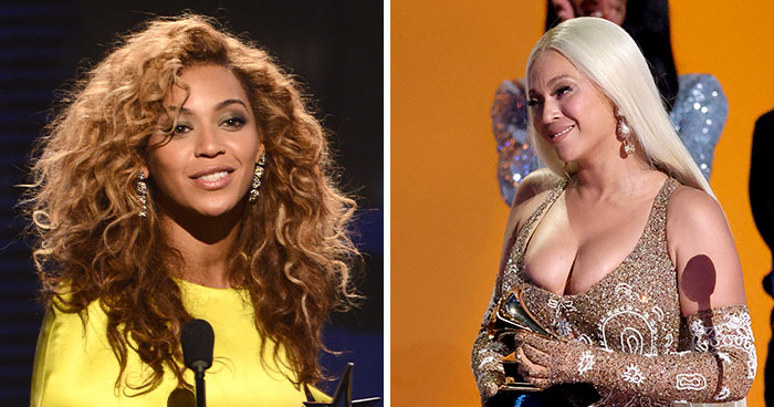Two images side by side showing Beyonc&eacute; with varying skin tones at the Grammys.