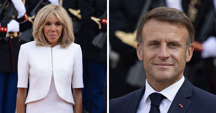 French President's wife in a white outfit and French President in a suit at a formal event.