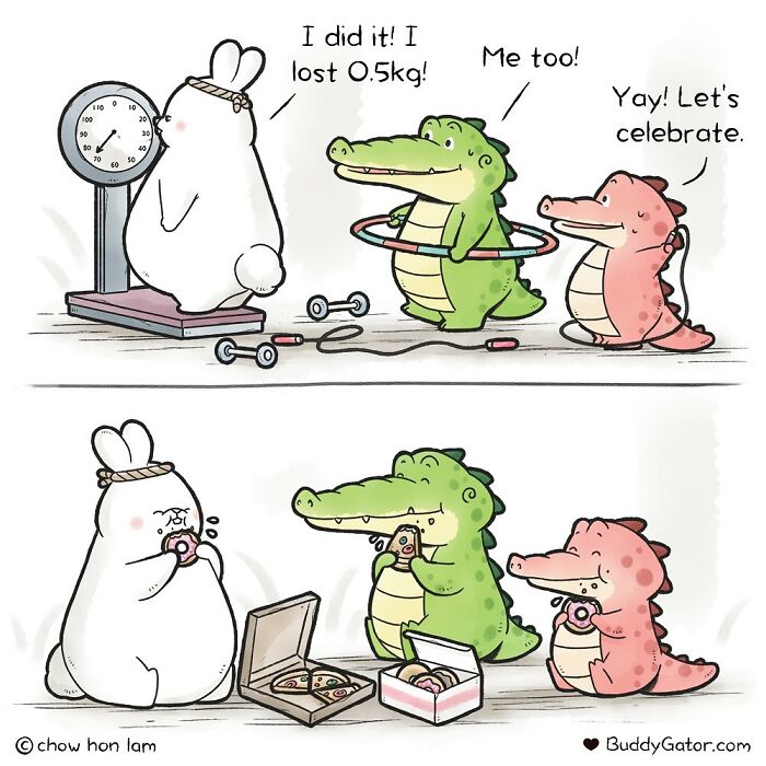 Buddy Gator and friends celebrate weight loss with donuts in a heartwarming, comedic scene.