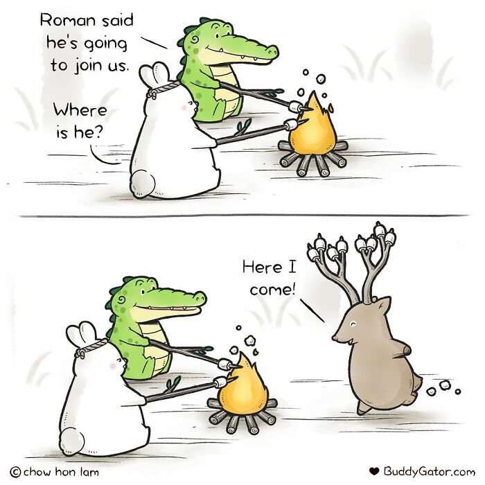 Buddy Gator comic: Alligator and bunny by a campfire with a deer joining them, illustrated by Chow Hon Lam.