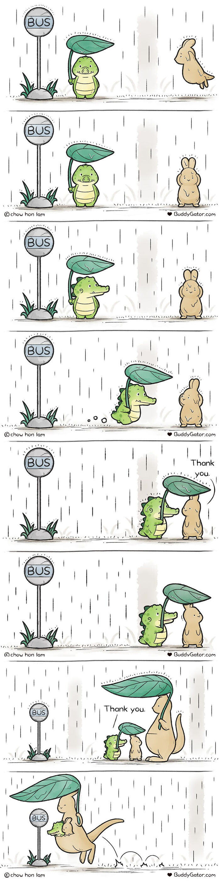 Buddy Gator offers a leaf umbrella to a rabbit at a bus stop in the rain, demonstrating kindness.