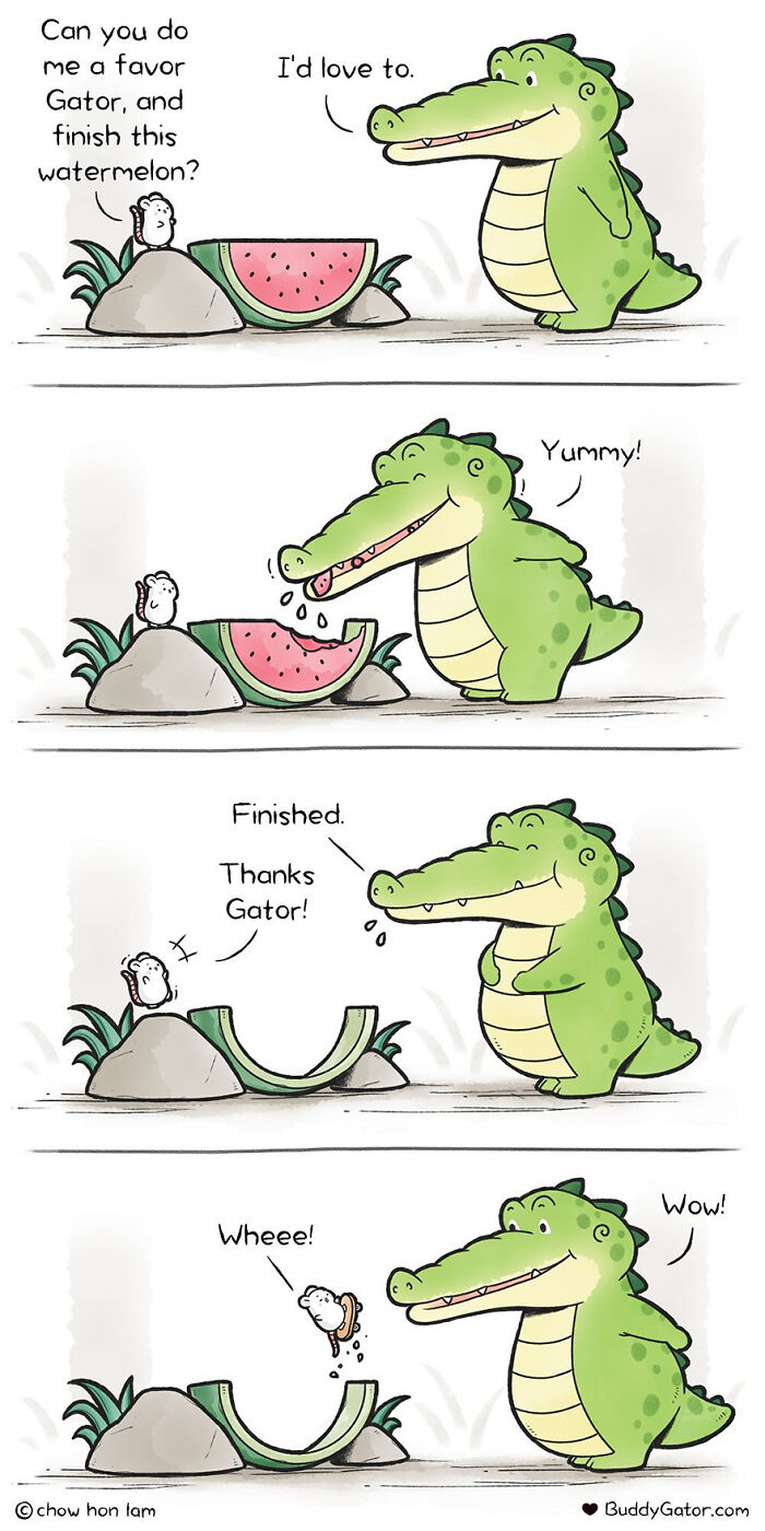 Buddy Gator comic strip by Chow Hon Lam, featuring a caring alligator helping a friend finish a watermelon.