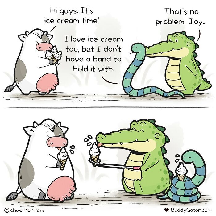 Buddy Gator assisting a snake by holding ice cream, while a cow looks on joyfully.