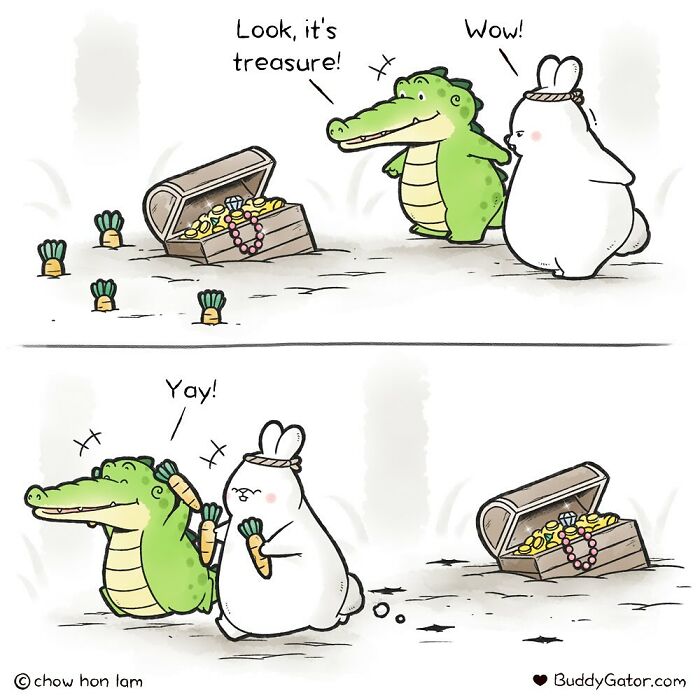 Buddy Gator comic by Chow Hon Lam: an alligator and rabbit discover treasure, celebrating with carrots.