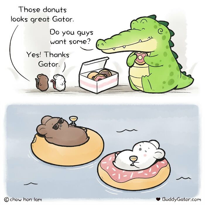 Buddy Gator offers donuts to animals, who float on donuts in water, showing kindness and friendship.