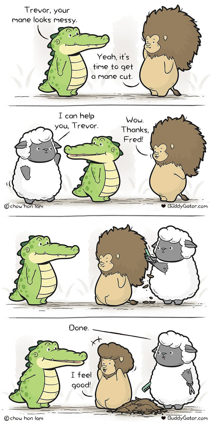 Buddy Gator helps a hedgehog get a haircut with a sheep's assistance, featuring characters from Chow Hon Lam's uplifting comic.