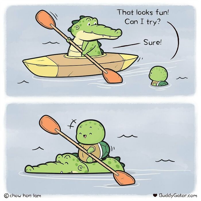Buddy Gator in a kayak with a turtle, showcasing friendship and kindness.