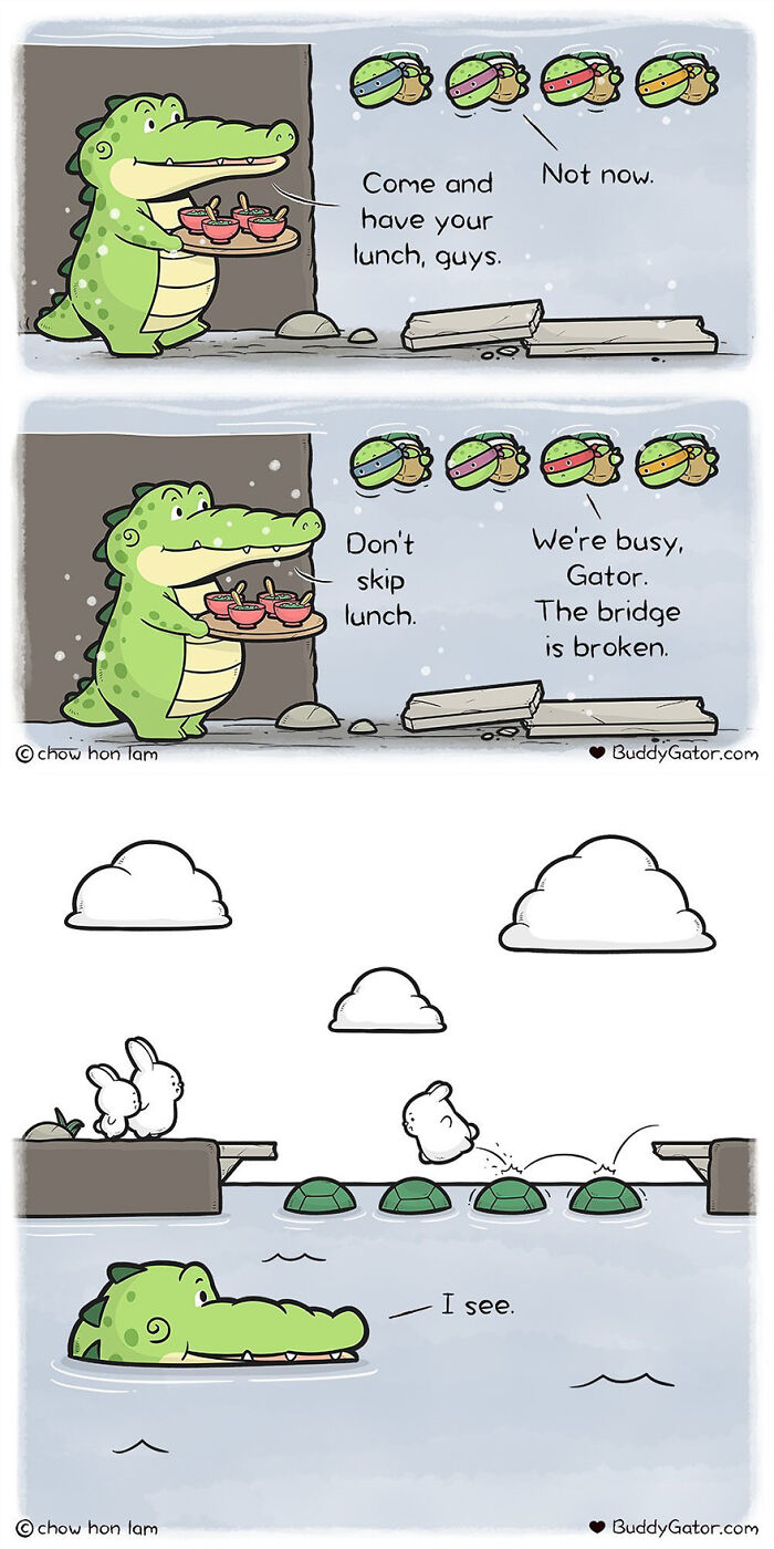 Buddy Gator offers soup to bees, who are busy fixing a broken bridge, showcasing care and understanding.