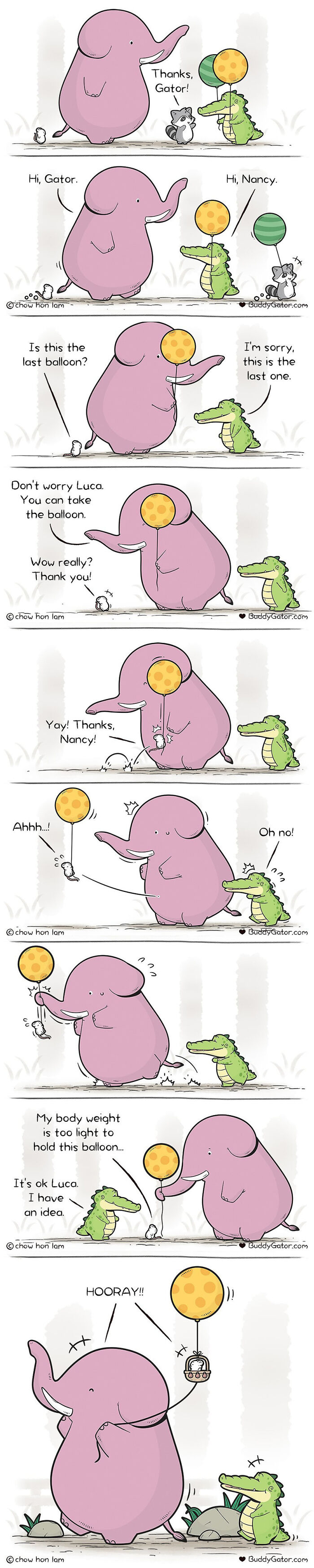 Buddy Gator helps an elephant friend with a balloon, showcasing kindness in an uplifting comic by Chow Hon Lam.