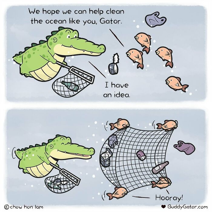 Buddy Gator helping fish clean the ocean with a net, featuring a caring alligator by Chow Hon Lam.