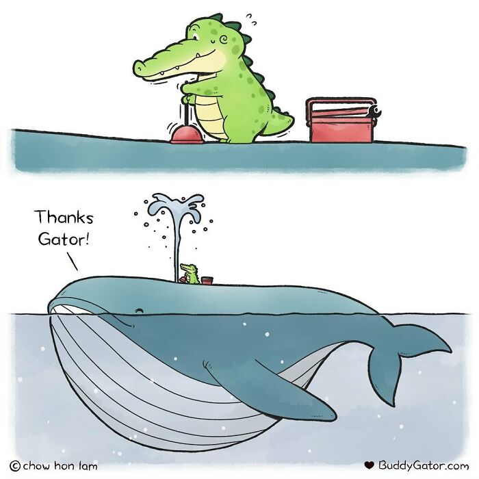 Caring Alligator helps a whale inflate its pool, showing gratitude in a comic by Chow Hon Lam.
