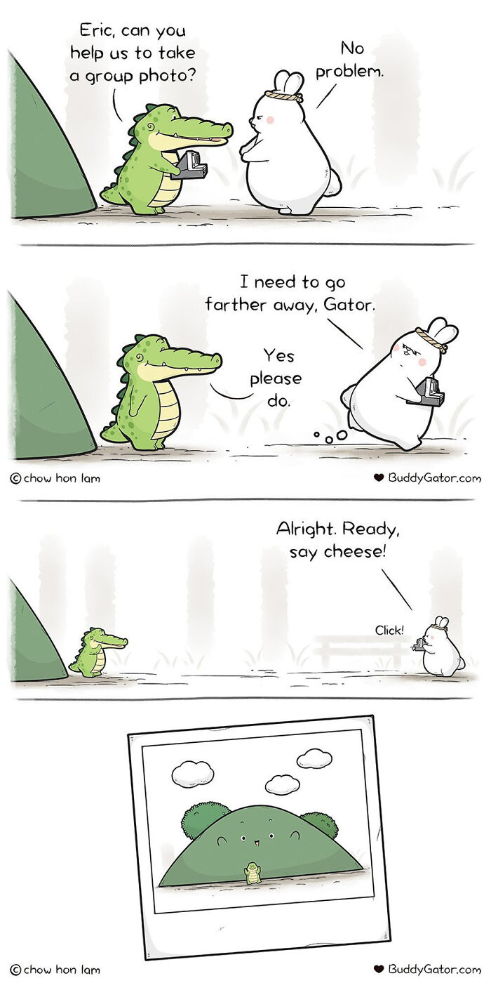Buddy Gator taking a group photo for a rabbit, showcasing a humorous and caring interaction in uplifting comic style.