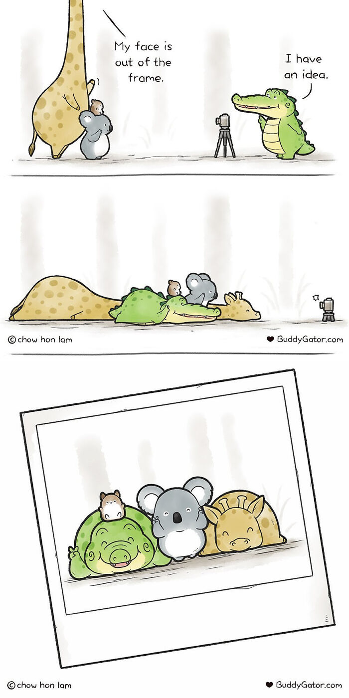 Buddy Gator comic: Alligator, koala, hamster, and giraffe pose creatively for a photo.