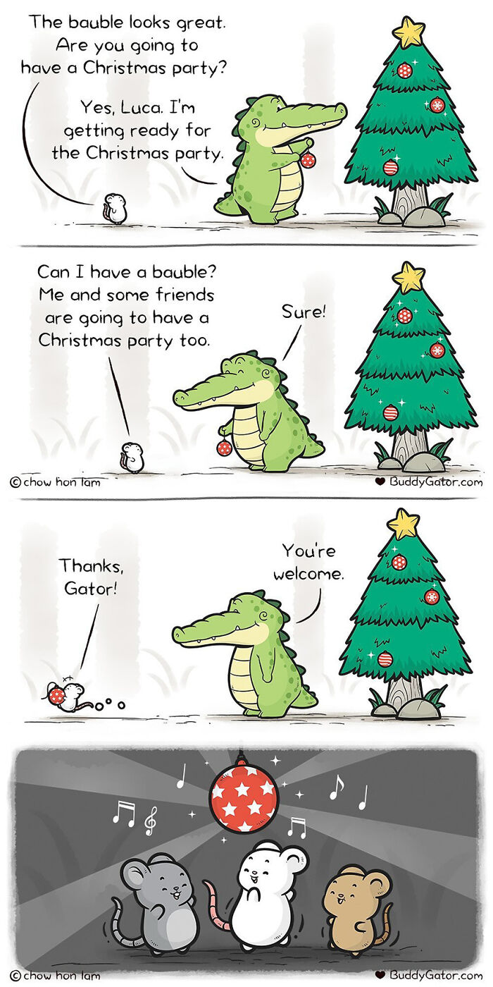 Buddy Gator sharing a bauble with a mouse, helping with a Christmas party decoration.